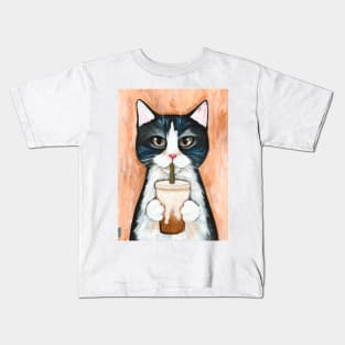 Tuxedo Cat with Iced Coffee Kids T-Shirt